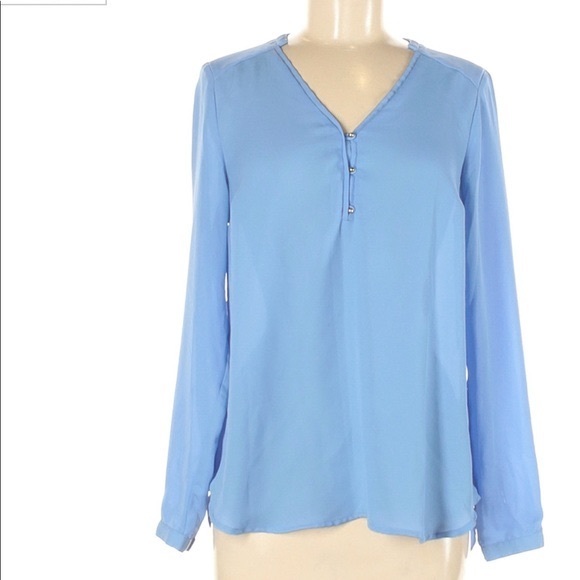 LC Lauren Conrad M blouse blue BOHO long cuffed sleeve lightweight button accent - Picture 1 of 15